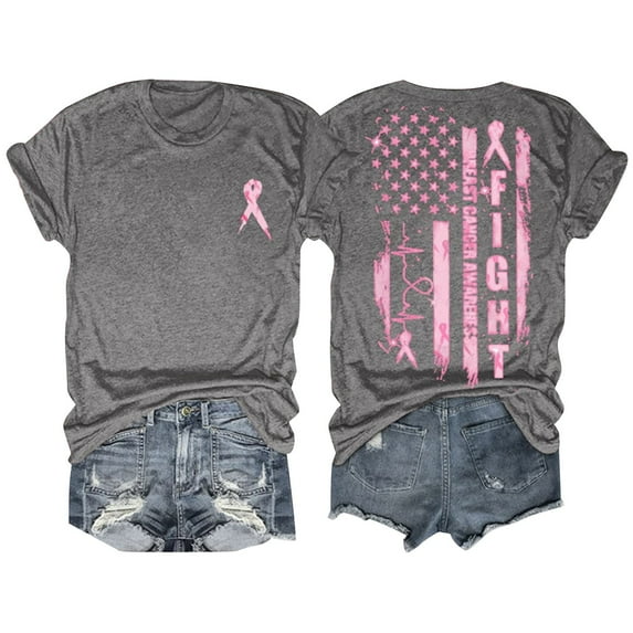 Lroveb Breast Cancer Awareness Shirts for Women T Shirt Pink Ribbon Graphic Tees Grey