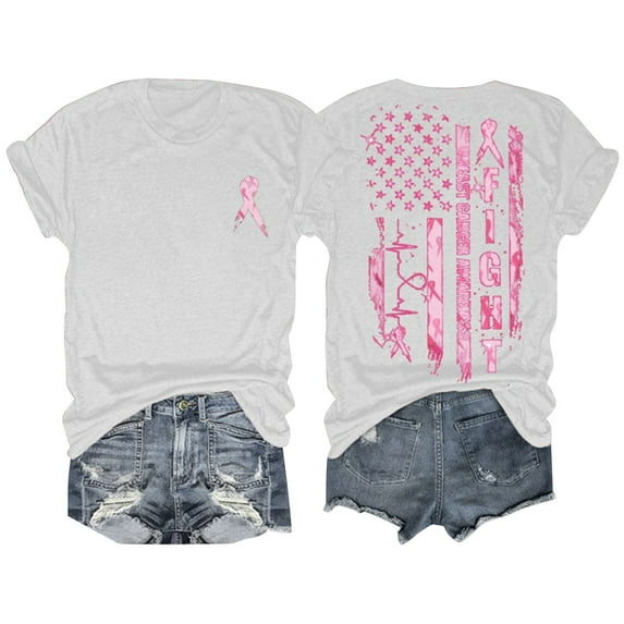 Lroveb Breast Cancer Awareness Shirts for Women T Shirt Pink Ribbon Graphic Tees White