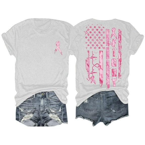 Lroveb Breast Cancer Awareness Shirts for Women T Shirt Pink Ribbon Graphic Tees White
