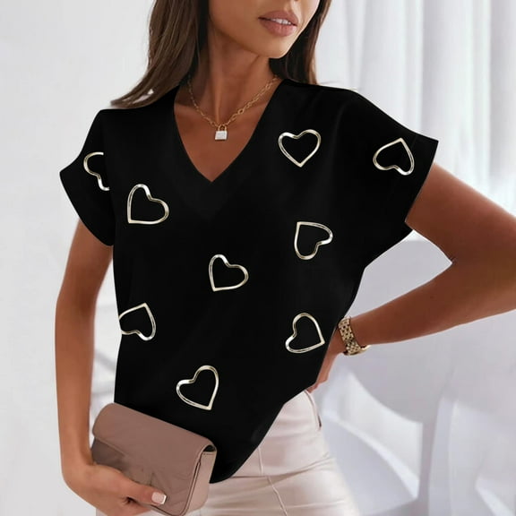 Lroveb Breast Cancer Awareness Shirts for Women V Neck Print Love Short Sleeve T Shirt Pink Ribbon Graphic Tees Black