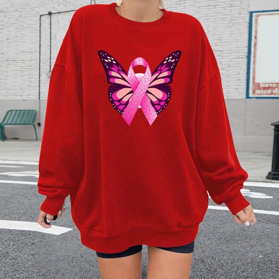 Lroveb Breast Cancer Awareness Sweatshirts for Women Butterfly Pink Ribbon Graphic Sweatshirt Fall Winter Long Sleeve Crew Neck Pullover Red