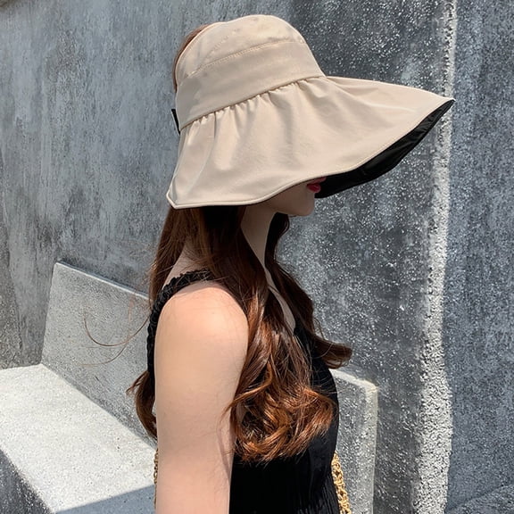 Lroveb Bucket Hats for Women Empty Top Sun Hat Summer Leisure Travel Anti Large Eaves Sunscreen Black Rubber Fisherman Hat