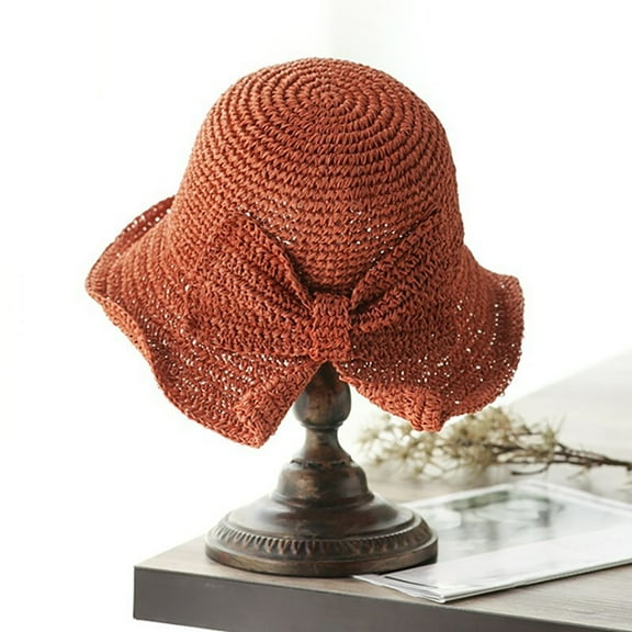 Lroveb Bucket Hats for Women Foldable Wide Brim Floppy Sun Hat Fashion Woven Bow Summer Beach Girl Hat