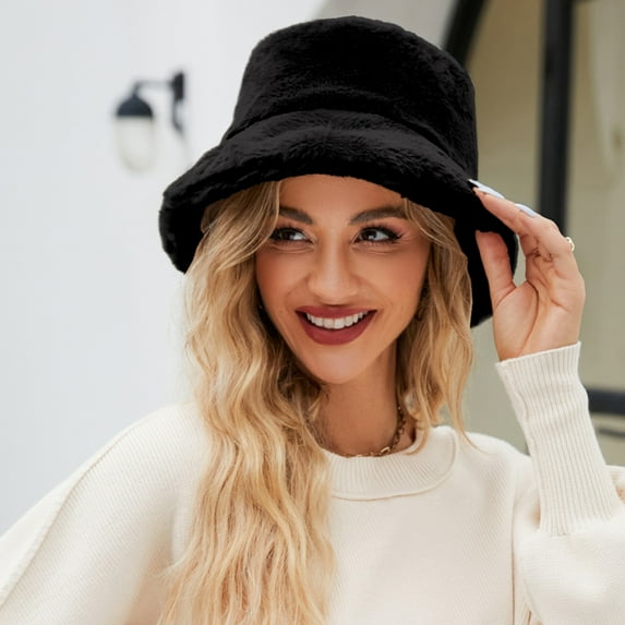 Lroveb Bucket Hats for Women Fuzzy Hat Faux Superficial Knowledge Fluffy Warm Soft Winter Fisherman Cap Furry Sun Hat