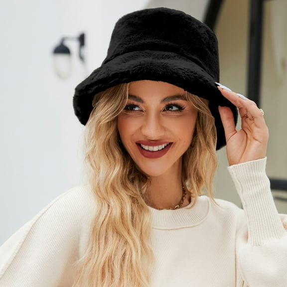 Lroveb Bucket Hats for Women Fuzzy Hat Faux Superficial Knowledge Fluffy Warm Soft Winter Fisherman Cap Furry Sun Hat