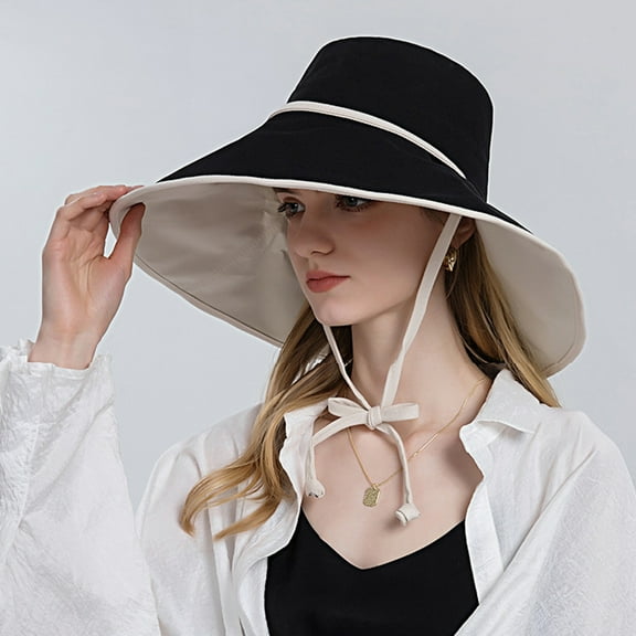 Lroveb Bucket Hats for Women Outdoor Sunscreen Sun Hat All Match Tethered Double Sided Large Brimmed Hat