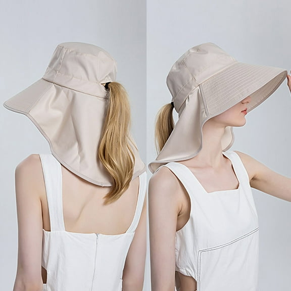 Lroveb Bucket Hats for Women Sun Hat Wide Brim Protection Beach How Irregular Wear Ponytail Summer Hat