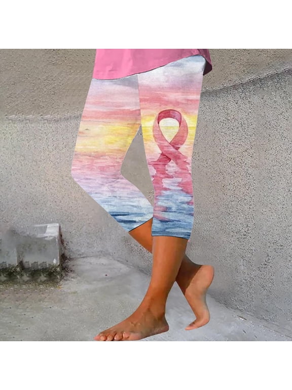 Capri Leggings for Women Breast Cancer Capri Pants Pink Ribbon Printed High Waisted Yoga Leggings with Pockets Watermelon Red