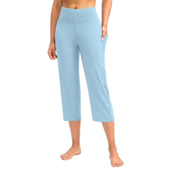 Lroveb Capri Pants for Women Plus Size, Womens High Waisted Tummy Control Yoga Pants, Pants Capris With Pockets Size Leggings Straight Leg Crop Pant Light Blue
