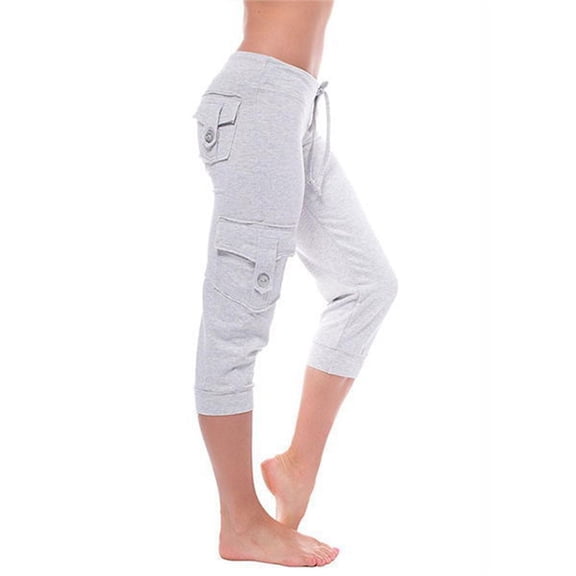 Lroveb Capri Pants for Women, Womens High Waisted Tummy Control Yoga Pants, Ladies Summer Fashion Comfortable Loose Elastic Button Pocket Cropped Pants Grey