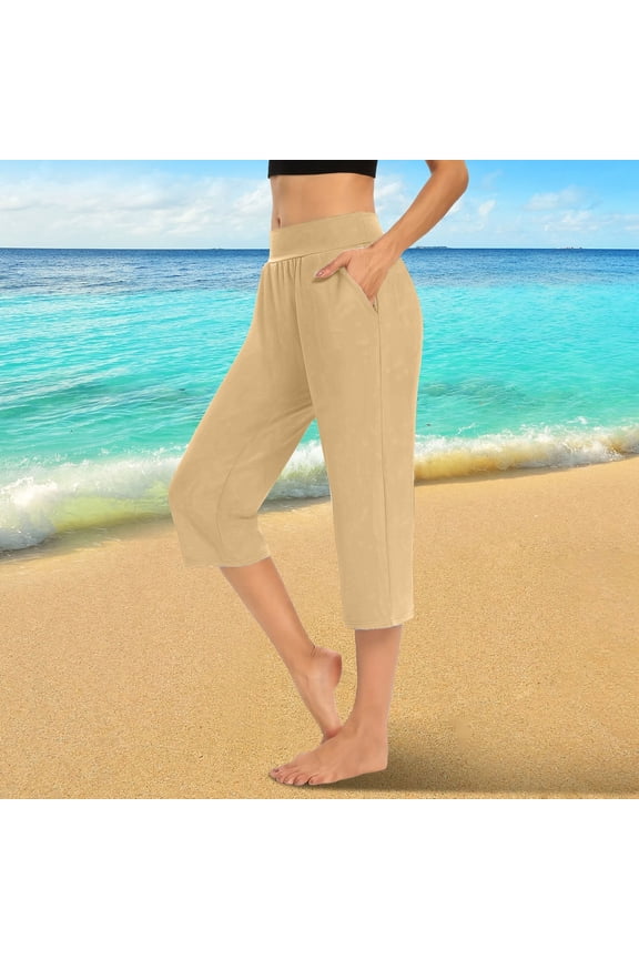 Capri Pants for Women, Womens High Waisted Tummy Control Yoga Pants, Leggings 2024 Cutout Capris Lightweight Cozy Cropped Pants Solid Soft Pajams Beige