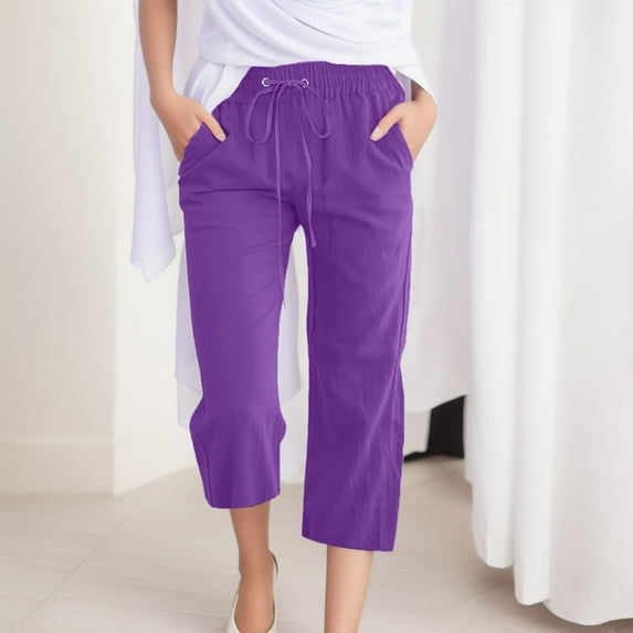 Lroveb Capri Pants for Wome Drawstring Summer Linen Pants High Waisted Wide Leg Cropped Pants Elastic Lounge Trousers With Pockets Purple