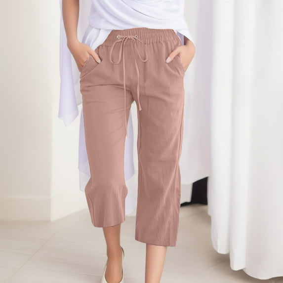 Lroveb Capri Pants for Wome Drawstring Summer Linen Pants High Waisted Wide Leg Cropped Pants Elastic Lounge Trousers With Pockets Rose Gold