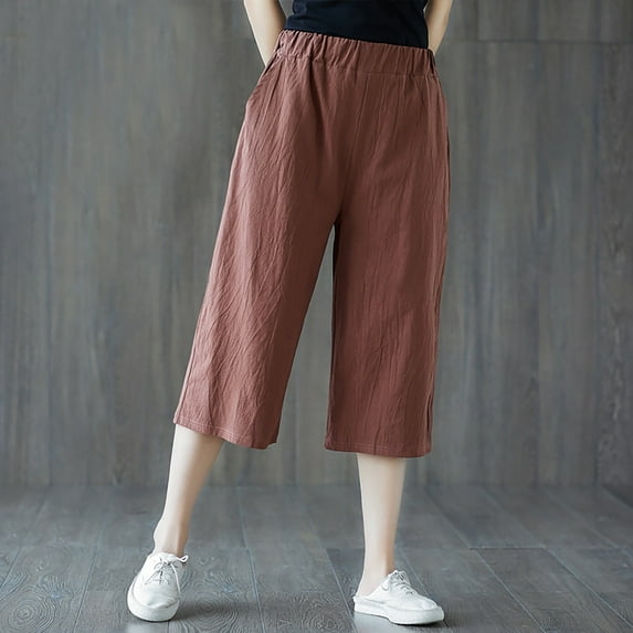 Lroveb Capri Pants for Women Plus Size, Womens Linen Wide Leg Pants, Solid Casual Pocket Pants Elastic Waist Loose Cropped Trousers Coffee