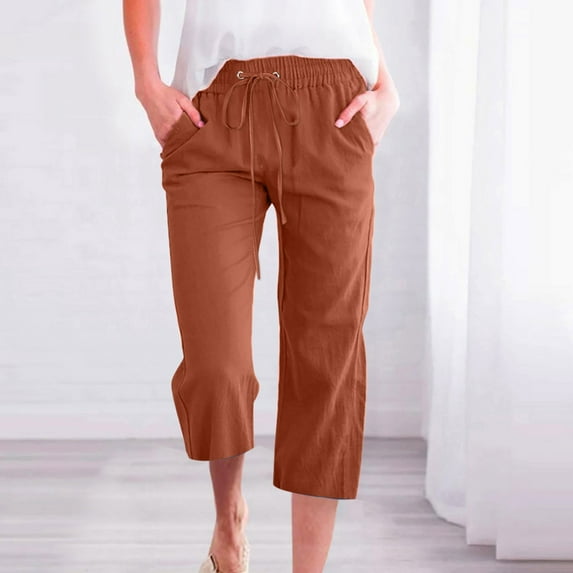Lroveb Summer Capri Pants for Women High Waisted Wide Leg Linen Pants Drawstring Elastic Straight Cropped Pants With Pockets Coffee