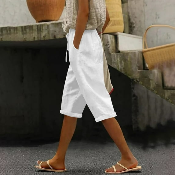 Lroveb Capri Pants for Women, Womens High Waisted Linen Pants, Knee Length Short Pants Ladies Loose Drawstring Casual Solid Color Shorts White