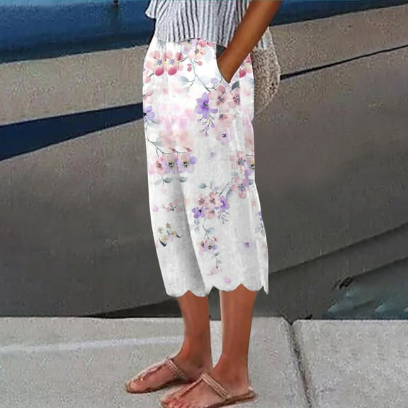 Lroveb Capri Pants for Women, Womens Linen Wide Leg Pants, Printed Fashionable Casual Linen Pocket Cropped Pants Grey