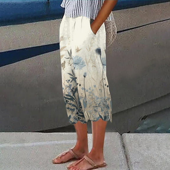 Lroveb Capri Pants for Women, Womens Linen Wide Leg Pants, Printed Fashionable Casual Linen Pocket Cropped Pants Pink