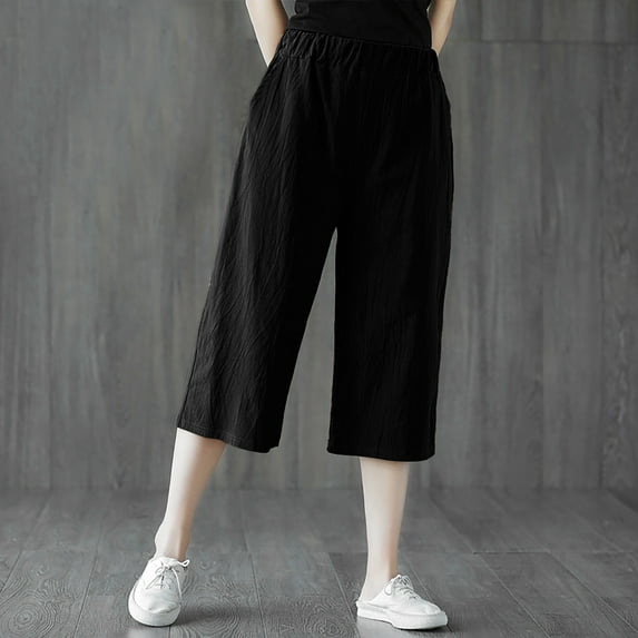 Lroveb Capri Pants for Women, Womens Linen Wide Leg Pants, Solid Casual Pocket Pants Elastic Waist Loose Cropped Trousers Black