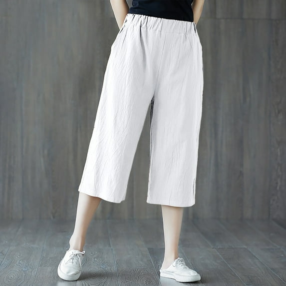 Lroveb Capri Pants for Women, Womens Linen Wide Leg Pants, Solid Casual Pocket Pants Elastic Waist Loose Cropped Trousers White
