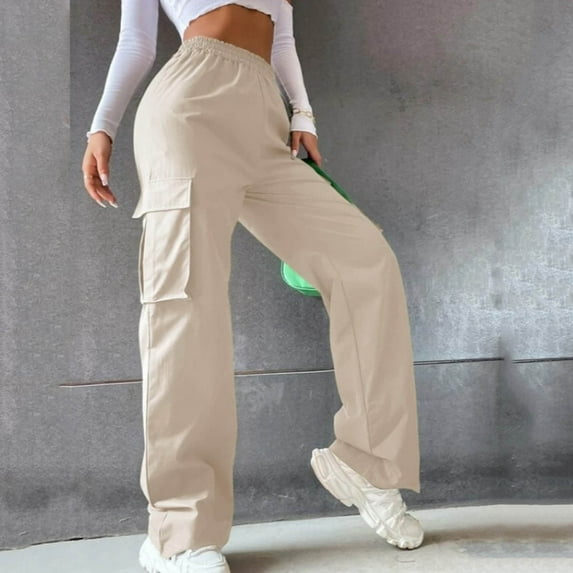 Lroveb Cargo Pants for Women, Womens High Waisted Baggy Wide Leg Pants, Belt Less Trousers Straight Relaxed Style Casual Beige