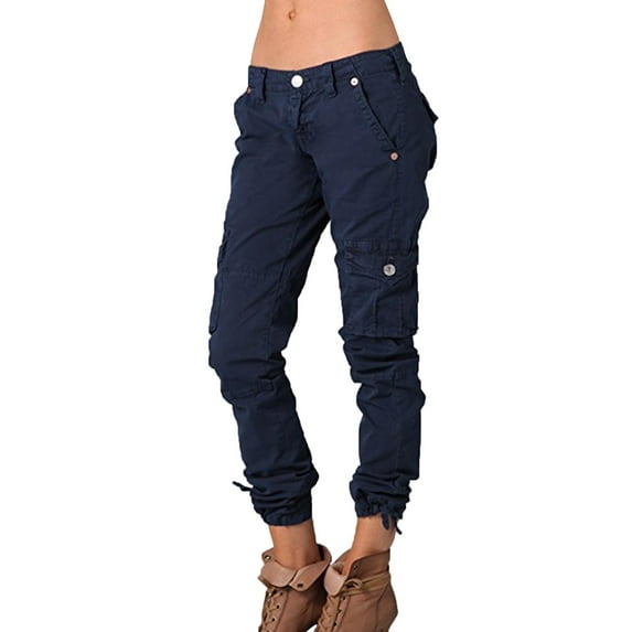 Lroveb Cargo Pants for Women, Womens High Waisted Workout Jogging Pants, Ladies' Solid Color Overalls Paneled Pocket Zip Casual Pants Dark Blue