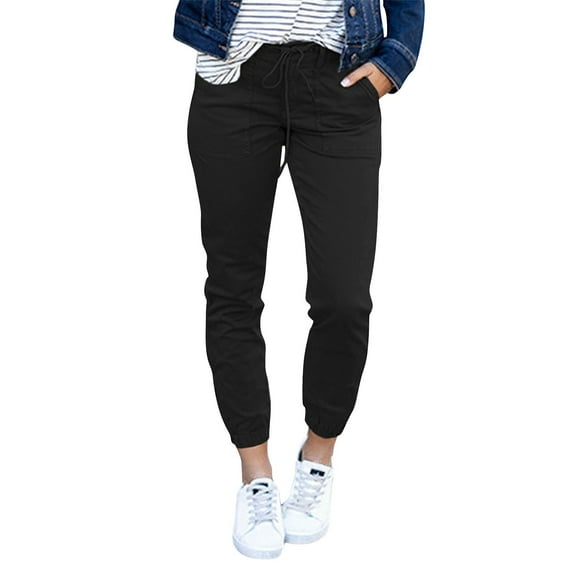 Lroveb Casual Pants for Women Plus Size, High Waisted Baggy Straight Leg PantsWomens Solid Color Slim Fit Pocket Cropped Pants Spring Lace Up Leggings Black