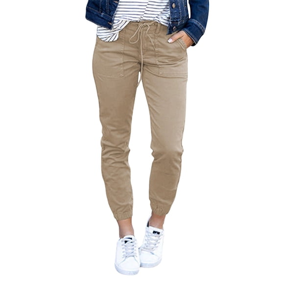 Lroveb Casual Pants for Women, High Waisted Baggy Straight Leg PantsWomens Solid Color Slim Fit Pocket Cropped Pants Spring Lace Up Leggings Khaki