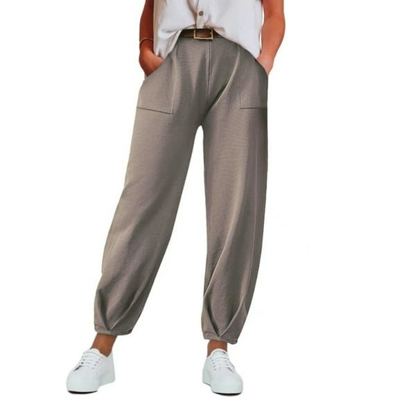 Lroveb Casual Pants for Women, High Waisted Jogger Pants, Womens Solid Color Fashionable Versatile Elastic Pocket Bound Pleated Pants Khaki