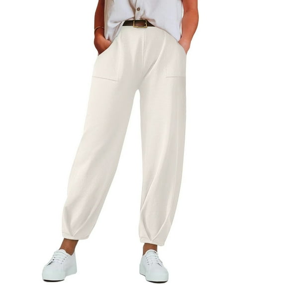 Lroveb Casual Pants for Women, High Waisted Jogger Pants, Womens Solid Color Fashionable Versatile Elastic Pocket Bound Pleated Pants White