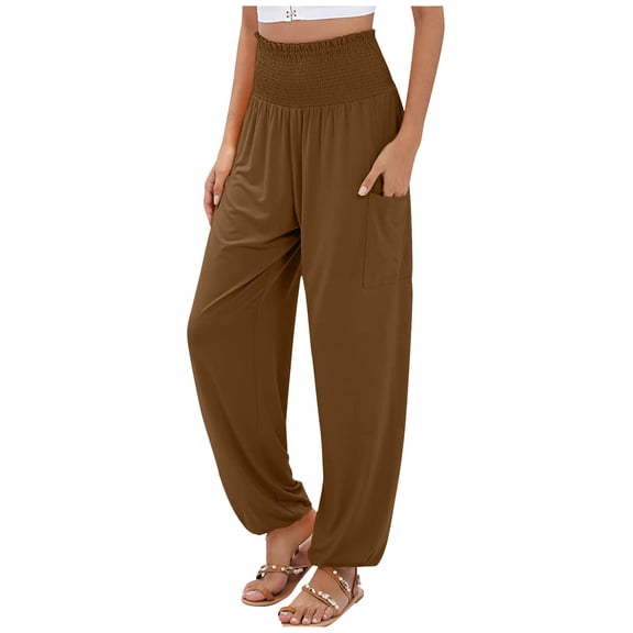 Lroveb Casual Pants for Women Plus Size, High Waisted Baggy Straight Leg PantsLadies Solid Color Pocket Loose Leggings Long Pants Brown
