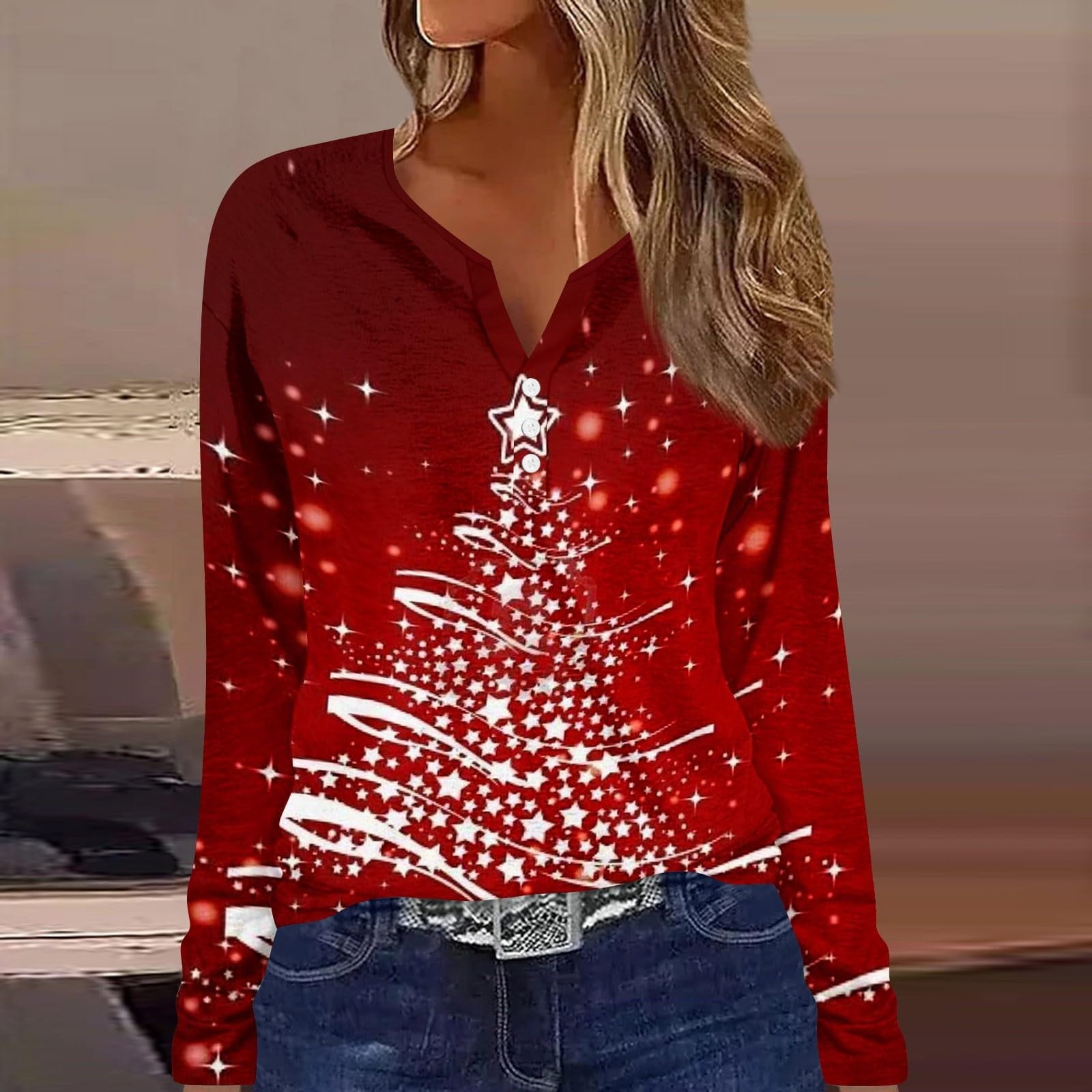 Lroveb Christmas Shirts for Women Fall Tops Long Sleeve V Neck Print