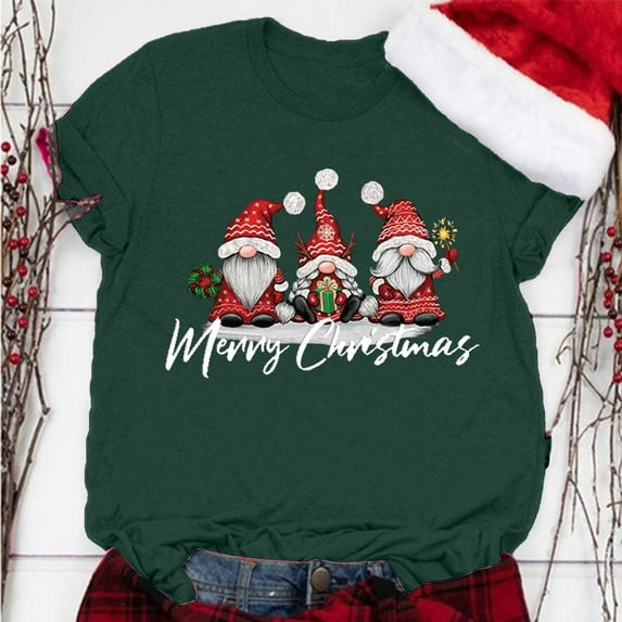 Lroveb Christmas Shirts for Women Gnome Print Round Neck Short Sleeve T Shirt Top Graphic T Shirts