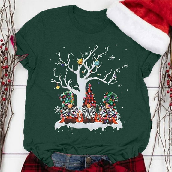 Lroveb Christmas Shirts for Women Gnome Print Round Neck Short Sleeve T Shirt Top Graphic T Shirts