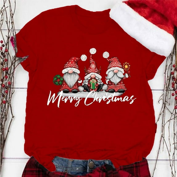 Lroveb Christmas Shirts for Women Gnome Print Round Neck Short Sleeve T Shirt Top Graphic T Shirts