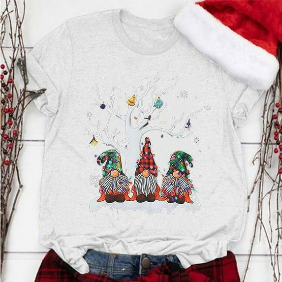 Lroveb Christmas Shirts for Women Gnome Print Round Neck Short Sleeve T Shirt Top Graphic T Shirts