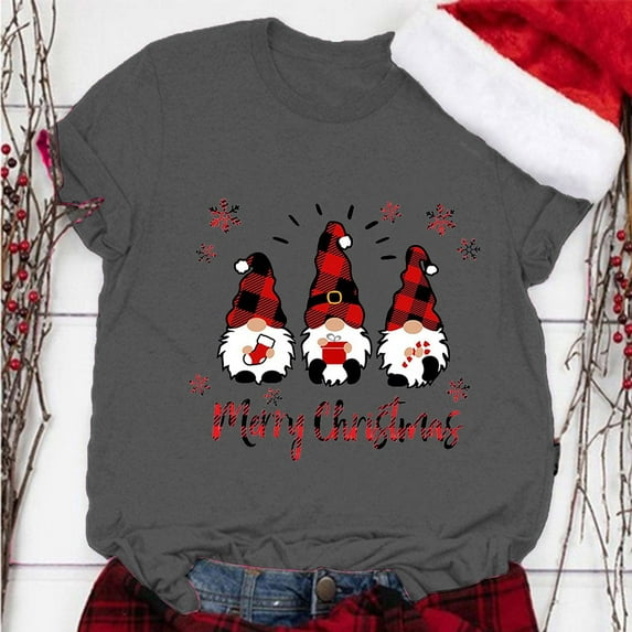 Lroveb Christmas Shirts for Women Gnome Print Round Neck Short Sleeve T Shirt Top Graphic T Shirts
