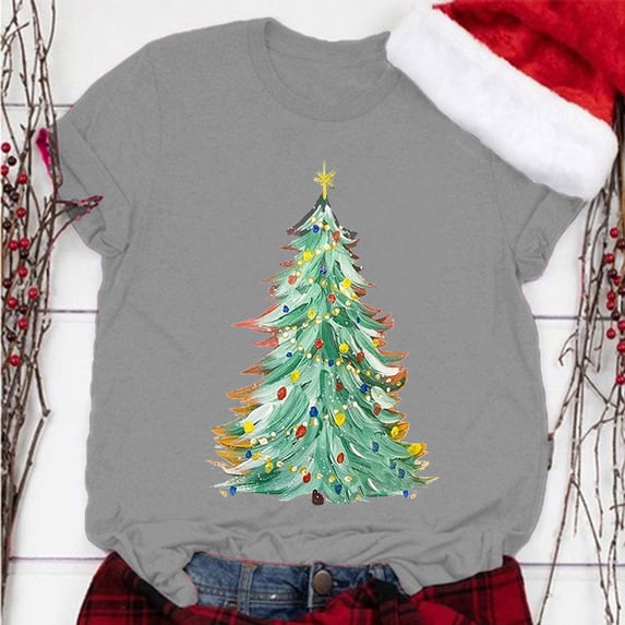 Lroveb Christmas Shirts for Women Plus Size Print Round Neck Short Sleeve T Shirt Top Graphic T Shirts