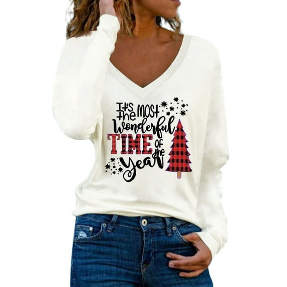 Lroveb Christmas Shirts for Women Tops Fall Casual Blouse Winter Tunic Top V Neck Tee Long Sleeve Tshirts Graphic T Shirts