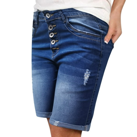 Lroveb Denim Shorts for Women, High Waisted Jeans Bermuda Shorts, Womens Dark Blue Breasted Elastic Sexy Fashionable Blue