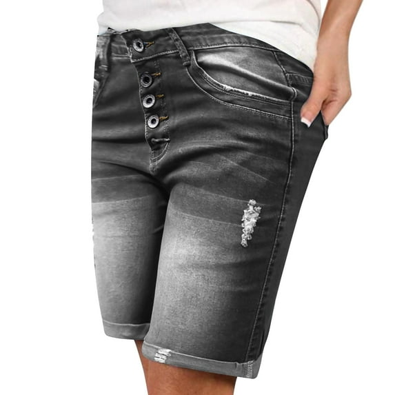 Lroveb Denim Shorts for Women, High Waisted Jeans Bermuda Shorts, Womens Dark Blue Breasted Elastic Sexy Fashionable Grey