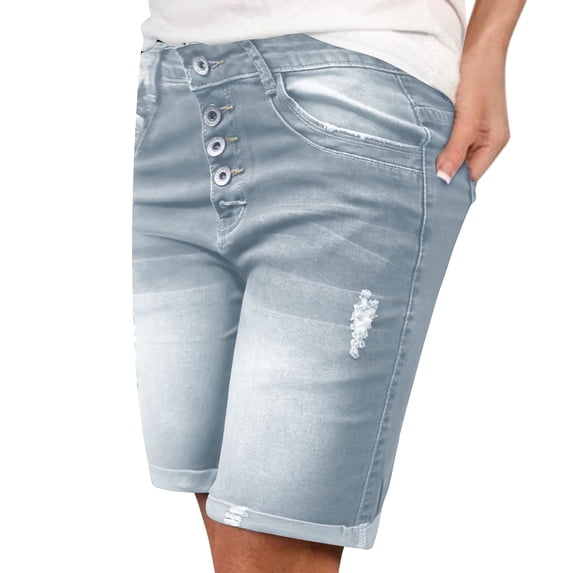 Lroveb Denim Shorts for Women, High Waisted Jeans Bermuda Shorts, Womens Dark Blue Breasted Elastic Sexy Fashionable Light Blue