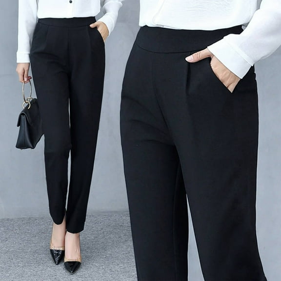 Lroveb Dress Pants for Women High Waisted Straight Leg Suit Pants Business Casual Stretch Harem Trousers with PocketsBlack