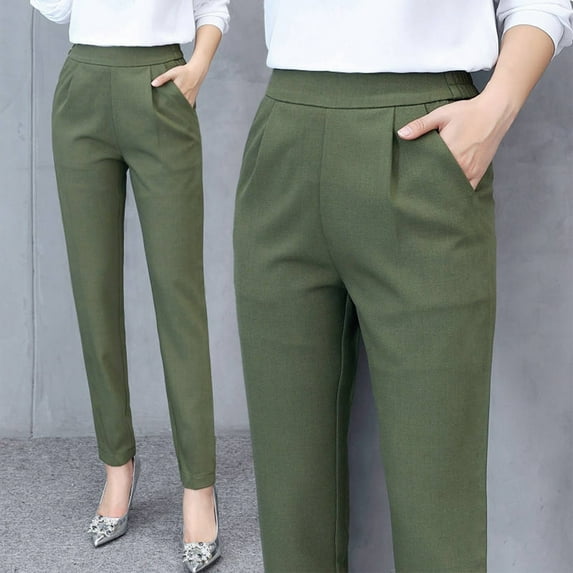 Lroveb Dress Pants for Women High Waisted Straight Leg Suit Pants Business Casual Stretch Harem Trousers with PocketsGreen
