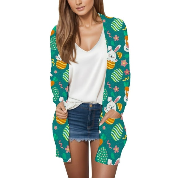 Lroveb Easter Cardigan Sweaters for Women Open Front Lightweight Casual Cardigan Spring Easter Egg Bunny Printed Loose Outerwear With Pocket