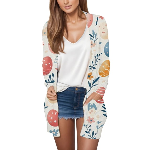 Lroveb Easter Cardigan Sweaters for Women Open Front Lightweight Casual Cardigan Spring Easter Egg Bunny Printed Loose Outerwear With Pocket