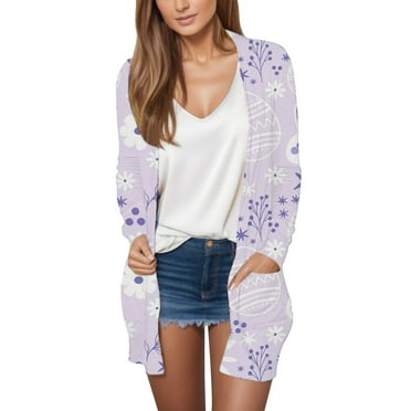 Lroveb Easter Cardigan Sweaters for Women Open Front Lightweight Casual Cardigan Spring Easter Egg Bunny Printed Loose Outerwear With Pocket