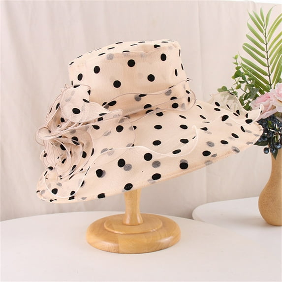 Lroveb Fascinators Hats for Women Elegant Flower Polka Dot Organza Sun Hat Summer Wedding Party Wide Brim Hat