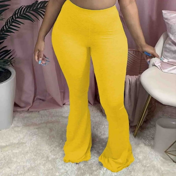 Lroveb Flare Leg Pants for Women, High Waisted Flared Workout Yoga Pants, Womens Fashion Ladies Casual Solid Slim Colour Tight Pants Trousers Yellow