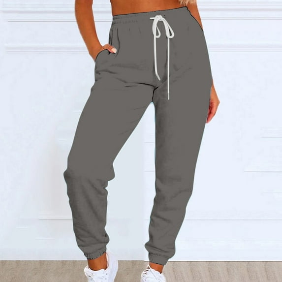 Lroveb Fleece Lined Sweatpants for Women, High Waisted Jogger Pants, Womens Solid Color Casual Sports Tie Up With Plush Sweater Material Pants Dark Gray